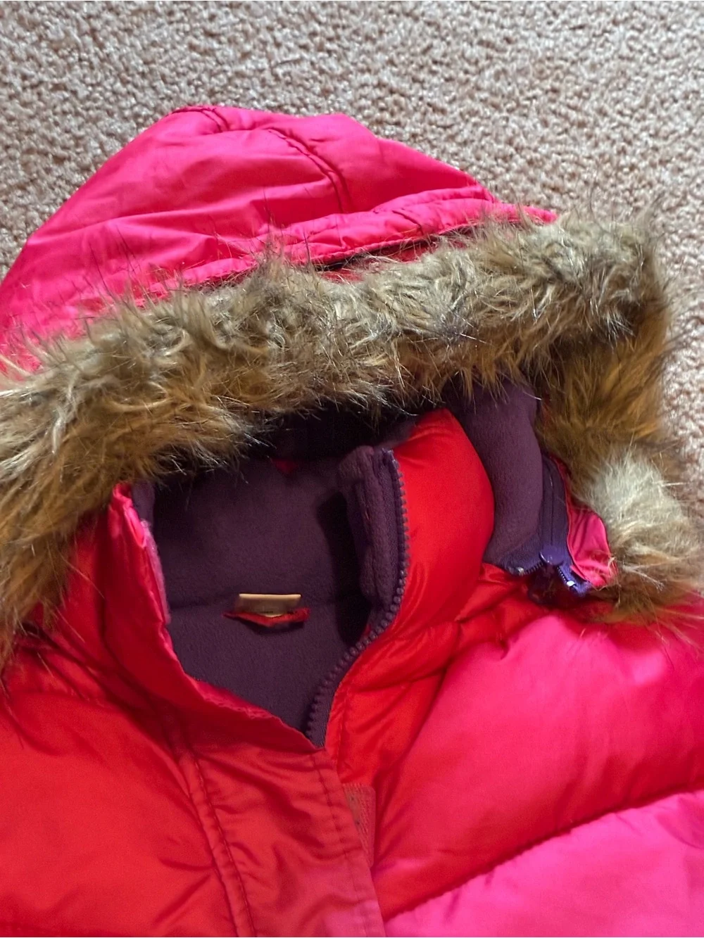 Arizona Jean Company Girls Pink to Purple Ombre Puffer Jacket with Faux Fur Hood
